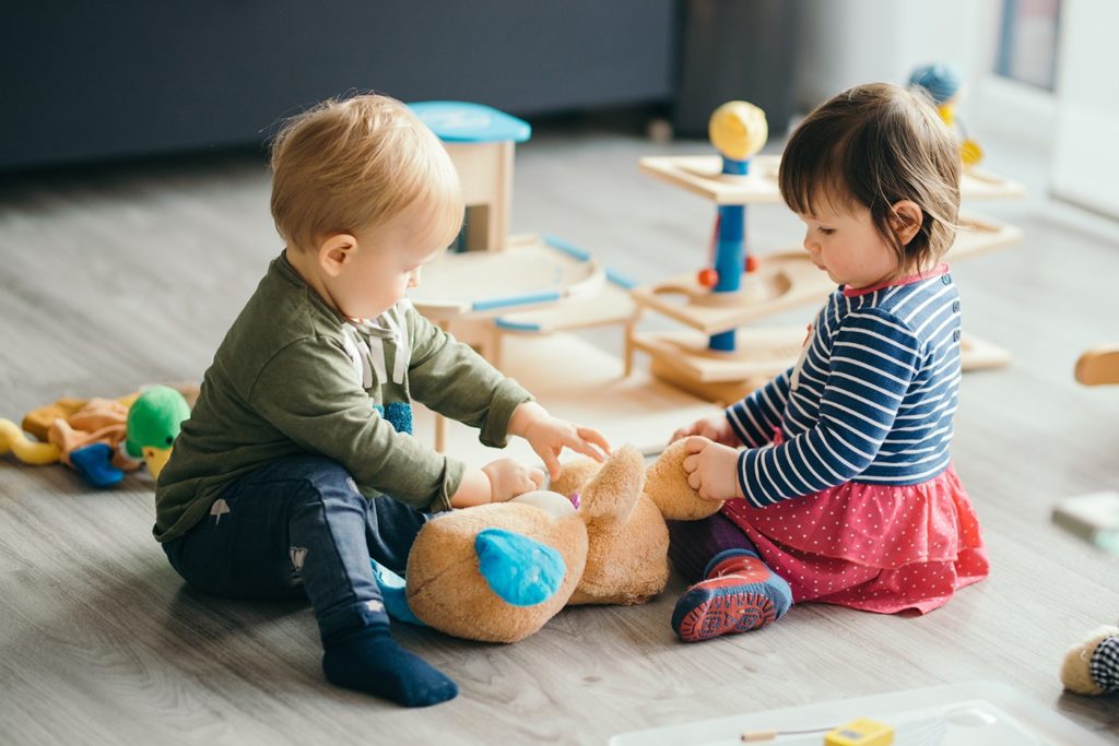 Toddlers Playing Together the Floor with a Toy