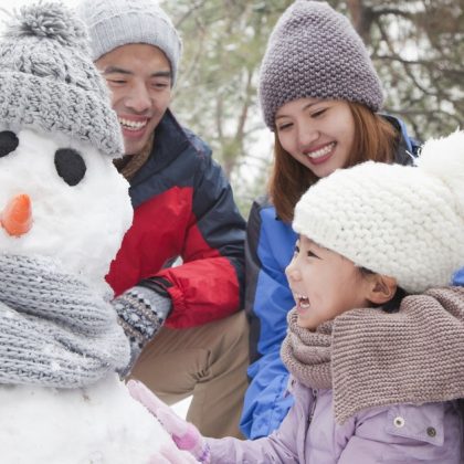 Girl Making Snowman With Parents Winter Activities
