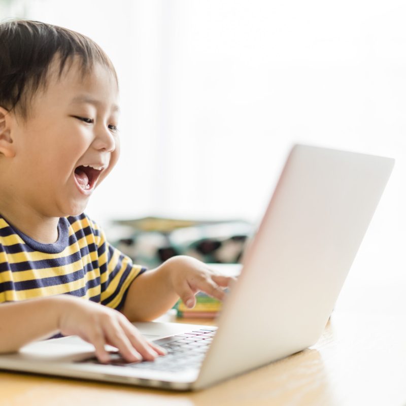 Asian toddler boy student doing online therapy